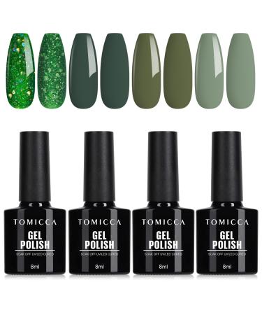 TOMICCA Green Gel Nail Polish Set - Dark Green Glitter Sparkle Gel Polish Set Sage Olive Green Nail Gel Polish Soak Off UV LED Christmas Green Gel Nail Kit Manicure Gift 4PCS