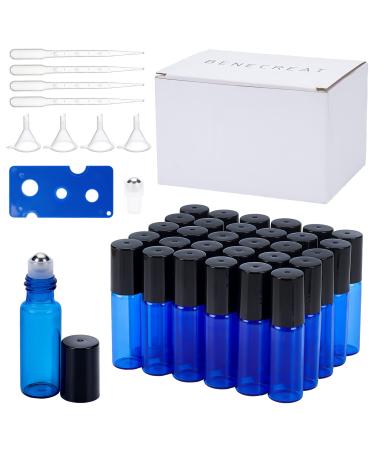 Benecreat 30 pack 5ml cobalt blue glass roller bottles with essential oils Roller bottle with stainless steel balls 10 pipets and 4 funnel for essential oils