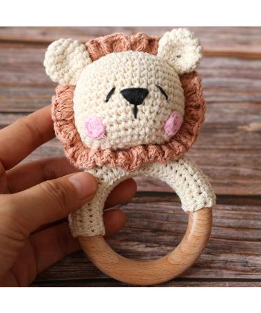 Yieur crocheted baby bass gray pink lion baby crochet wood gripping 12cm baby things bite ring gift for birth wooden ring wooden toys handmade young and girl (lion-pink)