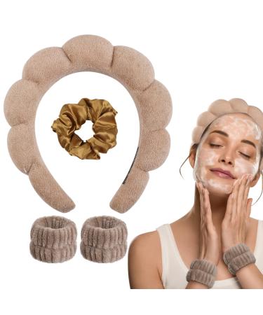WD&CD Spa Headband for Women 1 Makeup Headband and 2 Wrist Washband and 1 Hair Scrunchies Set for Face Washing Skincare Shower Makeup Removal - Brown