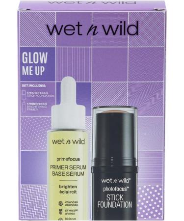 Wet n Wild Glow Me Up Set Make-up Set with Brightening Face Primer Serum & Photo Focus Stick Foundation in Soft Beige Shade Face Make-up Set for Radiance Boost and Intense Moisture