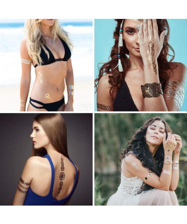 Gold Metallic Henna Temporary Tattoos - 75+ Designs Elephants, Flowers, Evil Eye & More! Waterproof, Non-Toxic, Long Lasting - Ideal for Beach, Festivals, Parties - Buy Online on SooperMarket.com