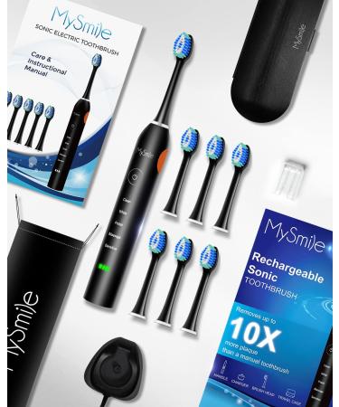 MySmile Electric Toothbrush for Adults - Rechargeable Sonic Toothbrush with 6 Brush Heads & Travel Case - 5 Modes Timer - 48000VPM - Black - Buy Online on SooperMarket.com