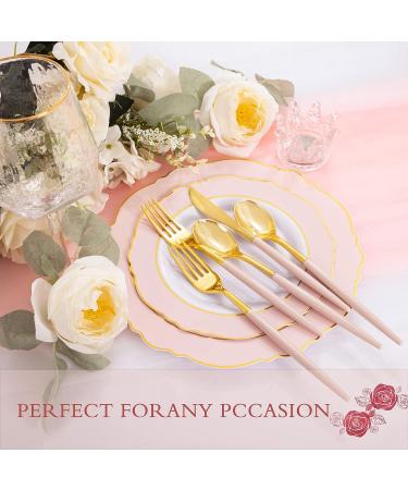 90 Piece Gold Plastic Silverware Set with Pink Handles - Perfect for Parties and Weddings - Buy Online on SooperMarket.com