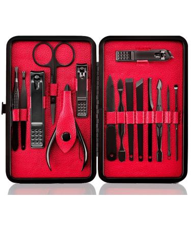 Manicure Set Nail Set Nail Clipper Kit Professional - Stainless Steel Pedicure Set Nail Grooming Kit of 15pcs with Case for Travel (Black/Red)