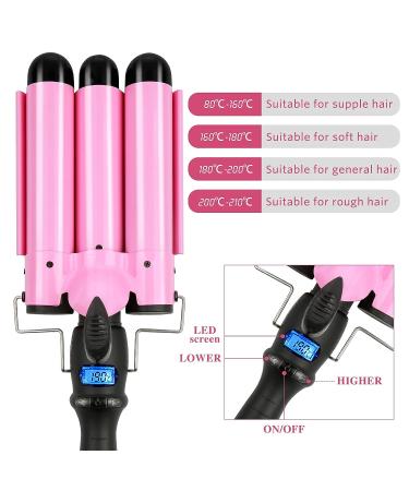 3 Barrel Curling Iron Wand 1.25 Inch | Hair Crimper & Waver with LCD Display | Ceramic Tourmaline | Dual Voltage | Adjustable Temperature - Buy Online on SooperMarket.com