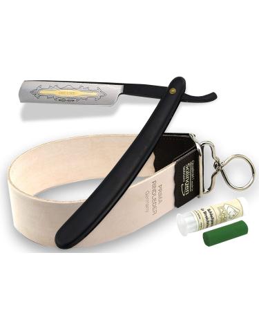 Razor Set Solingen string string and paste with a black razor with gold etching beginners and professional set with real leather made of Made in Germany