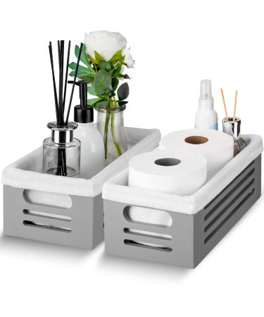 2 Pack Gray Bathroom Decor Box Toilet Tank Basket Topper - Wood Bathroom Baskets - Back of Toilet Storage Basket for Toilet Paper storage, Lined with Soft Linen Fabric - Countertop Organizer