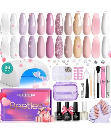 beetles Gel Nail Polish Kit with UV light Starter Kit 12 Colors Nude Pink White Purple Glitter Neutral Soak Off LED Set Wedding Theme DIY Manicure Salon Holiday Gifts
