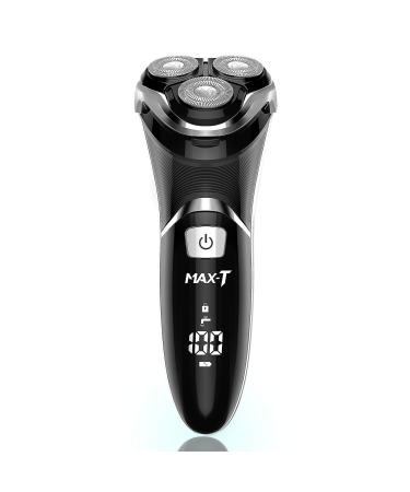 Men's Electric Shaver - MAX-T Corded and Cordless Rechargeable 3D Rotary Shaver Razor for Men with Pop-up Sideburn Trimmer Wet and Dry with Wall Adapter 100-240V Black