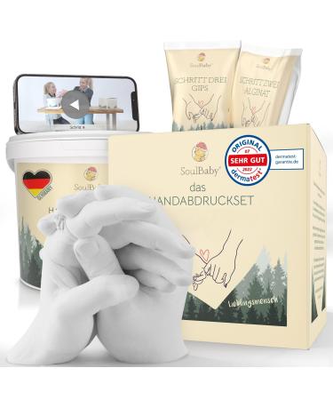Soulbaby 3D handprint set for couples with gift packaging I plaster printing set hands with extra large bucket i 100% black forest made i premium plaster printing hands couple with video instructions yellow