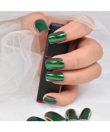 Chrome Green Short Square Press On Nails - Electroplate Design Daily Wear Fake Manicure (24pcs) - Buy Online on SooperMarket.com