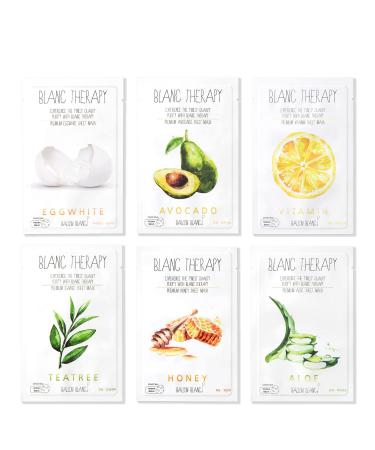 BALLONBLANC Therapy Relaxing Self Care Face Facial Mask Sheet Set Infused with Aloe, Tea Tree, Avocado, Vitamin, Honey & Egg White 6 Skin Nutritional Face Masks | Original 6 Masks A set