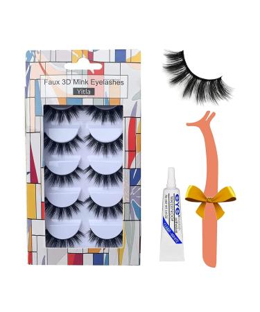 False Eyelashes with Glue 5 Pairs 3D Faux Mink False Lashes Reusable Long Thick Eyelashes for Makeup Eyelashes Extension with glue and Eyelashes Clip