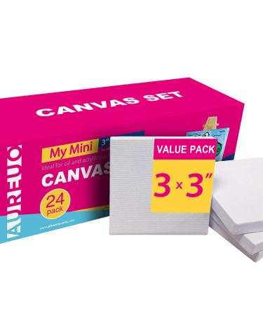 AUREUO Mini Stretched Canvas - 3x3 Inch/24 Pack - 2/5 Inch Profile Little Square Canvas - Holiday Gift Set for Kids Ideal for Painting & Craft 3x3