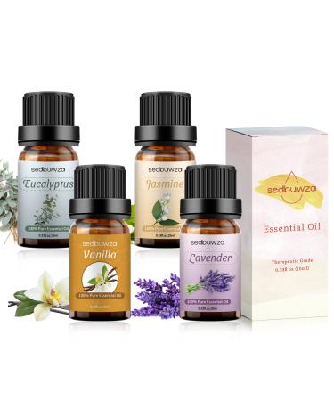 4 Pack Lavender Jasmine Vanilla Eucalyptus Essential Oil Sets Essential Oil Set 10ml - 100% Pure Essential Oils Set for Aromatherapy Kit Lavender + Jasmine + Vanilla + Eucalyptus 10 ml (Pack of 4)