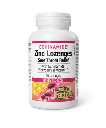 Natural Factors Zinc Lozenges Honey Blossom Flavour 60 lozenges with Echinamide Elderberry & Vitamin C Sore Throat Relief Helps Maintain Immune Function