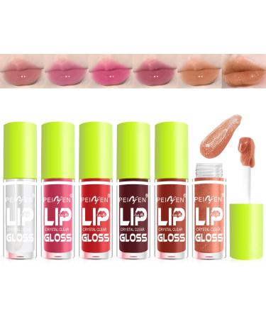 6 Colors Lip Oil Lip Glaze Fat Oil Lip Gloss Big Brush Head Hydrating Lip Glow Oil Shiny Transparent Tinted Plumping Lip Oil Long Lasting Nourishing Non-sticky Fresh Clear Smooth Lip Care (SET A)