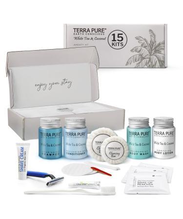 Terra Pure White Tea & Coconut Amenity & Accessory Kit |1oz Travel Size Shampoo Conditioner Lotion Body Wash 2 Cleansing Bars Shave & Dental Sets Make-Up Remover Wipes & Vanity Kit | 15 Boxes 75 PIECES (BOXED WITH ACCESSORIES)