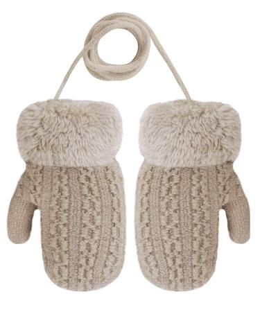 Baby Toddler Furry Winter Gloves Cold Weather Warm Knit Magic Mittens On String Kids Insulated Snow Warm Gloves with Fleece Lining for Baby Girls Boys 0-3 Years Gift B-Khaki