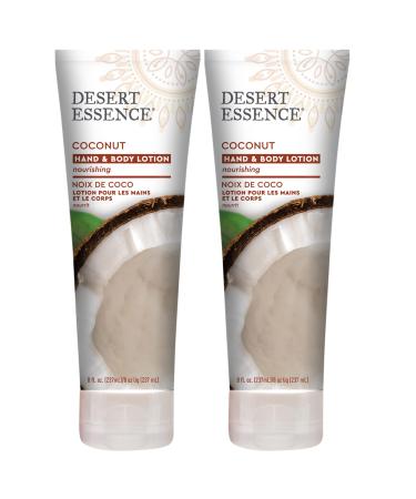Desert Essence Coconut Hand & Body Lotion 8.0 fl. oz - Pack of 2 - Gluten Free Vegan - Nourishing Daily Use Hand and Body Lotion with Organic Coconut Oil Jojoba Oil and Shea Butter to Moisturize