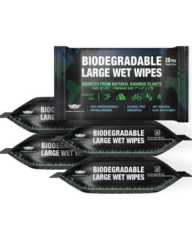 Everlit Survival Natural Bamboo Wet Wipes, Rinse-free Biodegradable Body Wipe for Traveling Camping, Gym,Outdoor Hygiene. Large 20 Count (5 Pack) 20 Count (Pack of 5)