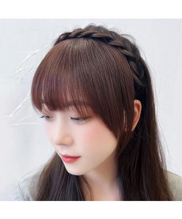 Fluffy Fake Hair Band Bangs Headband with Bangs Fluffy Front Fake Bangs Synthetic Braided Headband Wig with Bangs Non slip Headband Hair Extensions for Women Girls(Dark Brown) - Buy Online on SooperMarket.com