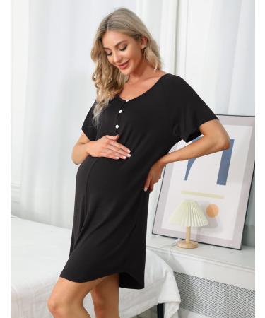 Sykooria Women's Maternity Nightdress - Black S | Nursing Nightgown with Button Down Front, V Neck, and Short Sleeves | Soft and Comfortable Sleep Shirt for Pregnant Women - Buy Online on SooperMarket.com