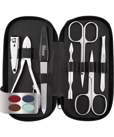 Marqus manicure set men and women 7 parts with nail tongs Solingen Made in Germany for hand and foot care - real leather etui handy and soft 1. black