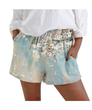 Gufesf Women's Shorts for Summer, Womens Lightweight Shorts Linen Comfy Elastic High Waist Casual Shorts with Pockets W2-sky Blue XX-Large