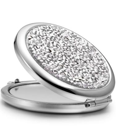 OMIRO Compact Mirror Mini Mix Diamond 1X/2X Magnifying Round Metal Pocket Makeup Mirror (Silver) Silver mix Diamond 1X/2X