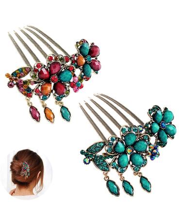 2Pcs Women Hair Combs Accessories  BIMTXL Retro Decorative Fashion Hair Comb Clips - Rhinestone Flower Hairpin for Wedding Prom (Blue+Colorful) Blue + Colorful