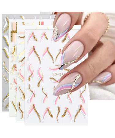 JMEOWIO 9 Sheets French Tip Nail Art Stickers Decals Self-Adhesive Glitter Wave Line Nail Supplies Nail Art Design Decoration Accessories