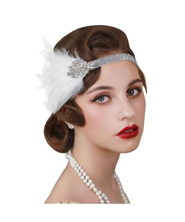 SWEETV 1920s Flapper Headband  Great Gatsby Feather Headpiece  Roaring 20s Vintage Hair Accessories  White