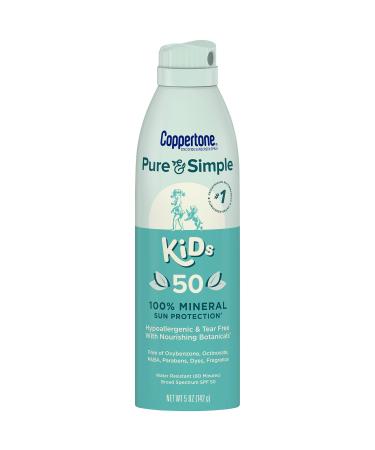 Coppertone Pure and Simple Kids Spray Sunscreen, Zinc Oxide Mineral Sunscreen Spray, SPF 50 Broad Spectrum Sunscreen for Kids, 5 Oz
