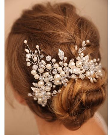 Deniferymakeup Bridal Pearl Headband Leaf Hair Piece Crystal Hair Vine Wedding Hair Accessory for Women and Girls (Silver)