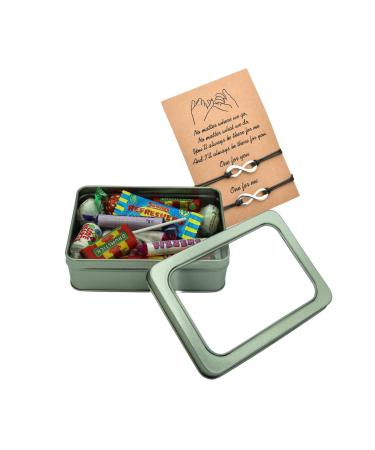 Swizzels Lollies Bundle with Love and Friendship Bracelets and TinTastic Silver Window Lid Tin - Mixed Flavours
