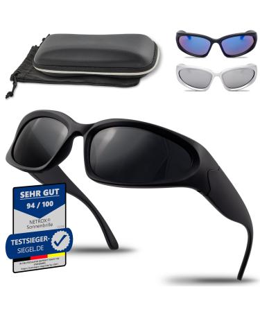 Netrox sunglasses - sports glasses with case and microfiber bag - sunglasses mirrored glass in three colors uv400 protection - fast rave techno sport glasses - women and men - black silver