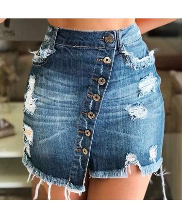 Sanahy Women's Frayed Dark Washed Mini Denim Pencil Skirt | Button Front Asymmetrical Distressed Jean Short Skirt in Dark Blue - Buy Online on SooperMarket.com