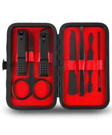 Manicure Pedicure Set Nail Clippers Kit 7 Pcs Stainless Steel Hygiene Kit Portable Nail Trimming set and Grooming Tools with Fine Leather Case Gift Box (Black) Black-7pcs