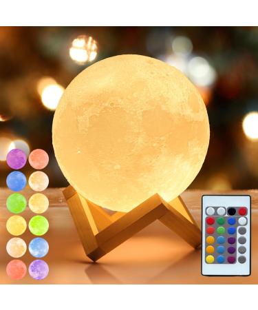 Mydethun 2024 update 16 colors with wooden base Mother's Day gift 12cm LED 3D moon light remote control USB charging night light lamp for children girls bedrooms home decoration multicolor