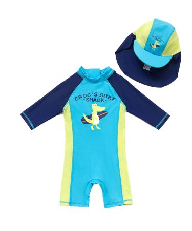 BONVERANO Baby Boys Swimsuit Toddler Bathing Suit Short-Sleeve Zipper One Piece Swimwear with UPF 50+ Sun Protection 12-18 Months Surfing Crocodile
