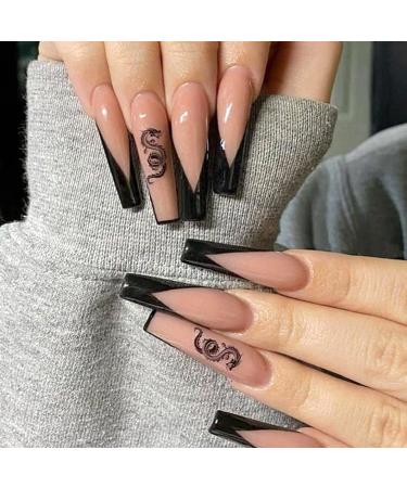 Luvadeyo 24Pcs Press on Nails Medium Length Fake Nails Acrylic Nails Ballet French Dragon