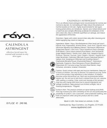 RAYA Calendula Astringent with AHA - 6 oz Glycolic Facial Toner for Combination & Oily Skin | Normalize pH & Fight Break-Outs | Alpha Hydroxy Acids - Buy Online on SooperMarket.com