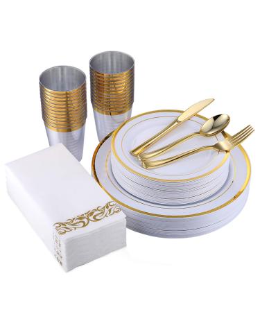175 Piece Gold Dinnerware Set 25 Guest-50 Gold Rim Plastic Plates-25 Gold Plastic Silverware-25 Gold Plastic Cups-25 Linen Like Gold Paper Napkins, FOCUSLINE Disposable Dinnerware Set
