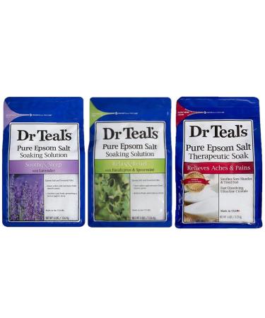 Dr. Teal's Pure Epsom Salt Soak Recovery Gift Set (3 Pack 12lb Total) - (3lb) Soothe & Sleep Lavender (3lb) Relax & Relief Eucalyptus & Spearmint (6lb) Therapeutic Soak - Ease Aches & Pains at Home