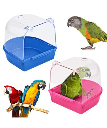 BILLIOTEAM 2 Pcs Parrot Bath Boxes, Small Bird Bath for Cage, Bathing Tub for Pet Birds, Bathtub for Parrot, Parakeet, Small Birds Canary, Bird Cage Supplies Accessories(Blue and Pink)