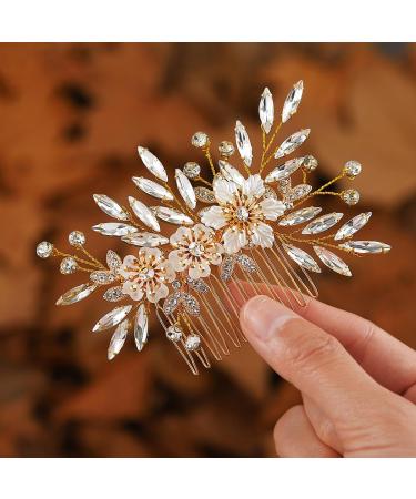 Handcess Bridal Wedding Flowers Hair Comb Gold Crystal Hairpiece Rhinestone Bridal Side Combs Wedding Hair Accessories for Women and Girls