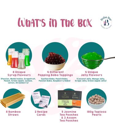 Boba Bar London | Tropical Treasures Fruit Bubble Tea Kit | 8 Fruit Tea Flavours | 8 Boba & Jelly Toppings | Tapioca Pearls | 8 Bamboo Straws | 8 Tea Bags | 2 Recipe Cards Boba Bar London | Tropical Treasures Fruit Bubble Tea Kit | 8 Fruit Tea Flavours |  - Buy Online on SooperMarket.com