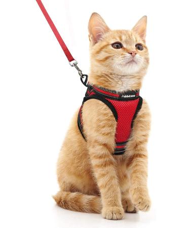 Rabbitgoo cat dishes cat line set cat dishes with leash dishes cats outbreakingly adjustable soft with reflective stripes for cats kitten puppies cat harness leash red m (1 Pack) red